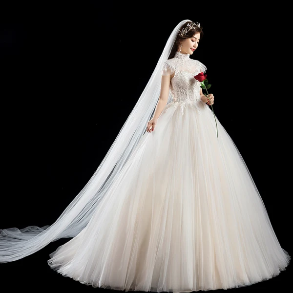 Chic / Belle Ivoire Robe De Mariée 2019 Princesse Col Haut Perlage Paillettes Appliques En Dentelle Fleur Manches Courtes Dos Nu Longue