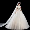 Chic / Beautiful Ivory Wedding Dresses 2019 A-Line / Princess High Neck Beading Sequins Appliques Lace Flower Short Sleeve Backless Floor-Length / Long