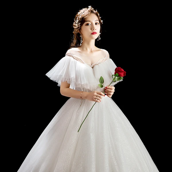 Chic / Beautiful Ivory Wedding Dresses 2019 Ball Gown Scoop Neck Sequins Backless Short Sleeve Chapel Train