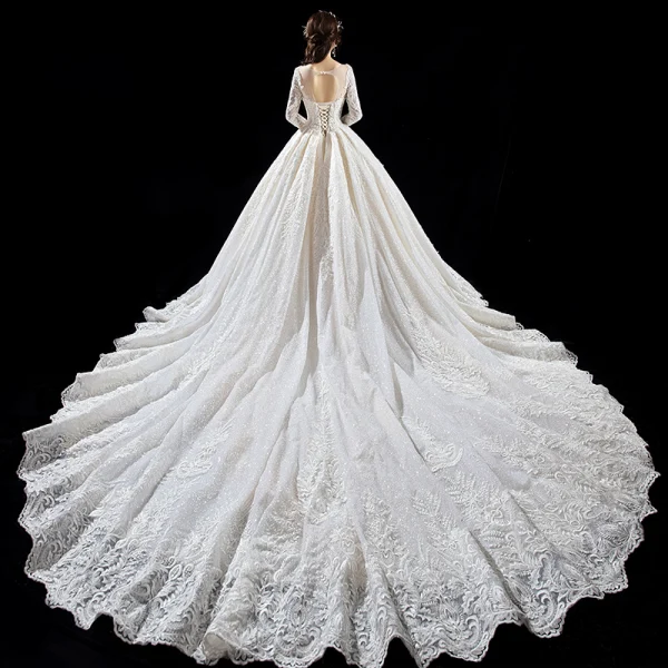 Luxury / Gorgeous Champagne Wedding Dresses 2019 A-Line / Princess Scoop Neck Beading Crystal Sequins Lace Flower 3/4 Sleeve Backless Cathedral Train