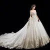 Luxury / Gorgeous Champagne Wedding Dresses 2019 A-Line / Princess Off-The-Shoulder Beading Pearl Sequins Lace Flower Short Sleeve Backless Cathedral Train