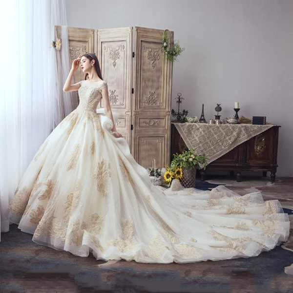 Luxury / Gorgeous Champagne Wedding Dresses 2019 A-Line / Princess Scoop Neck Handmade  Beading Pearl Sequins Rhinestone Lace Flower Short Sleeve Backless Cathedral Train