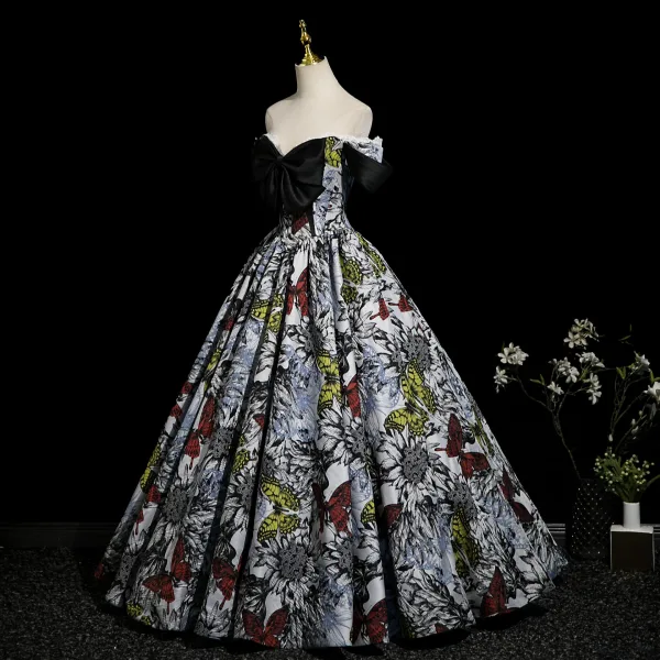 Schick Schwarz Ballkleider 2025 A Linie Off Shoulder Schleife Kurze Ärmel Rückenfreies Lange Festliche Kleider