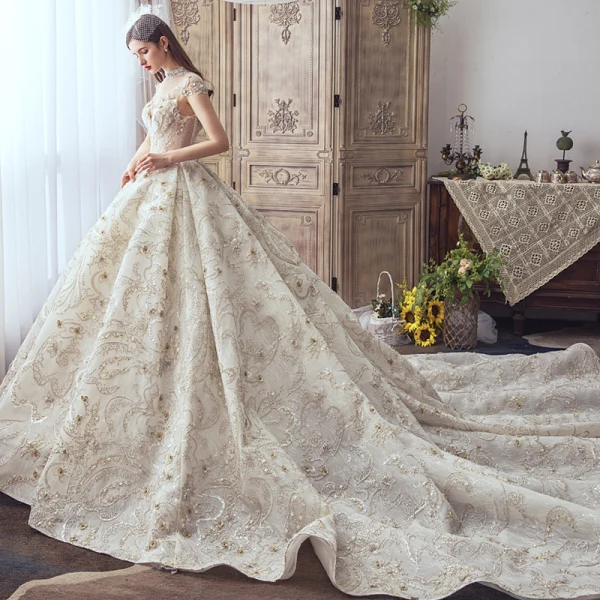 Luxury / Gorgeous Champagne Handmade Beading Wedding Dresses 2019 A-Line / Princess Scoop Neck Lace Flower Star Sequins Cap Sleeves Backless Cathedral Train