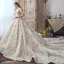 Luxury / Gorgeous Champagne Handmade  Beading Wedding Dresses 2019 A-Line / Princess Scoop Neck Lace Flower Star Sequins Cap Sleeves Backless Cathedral Train