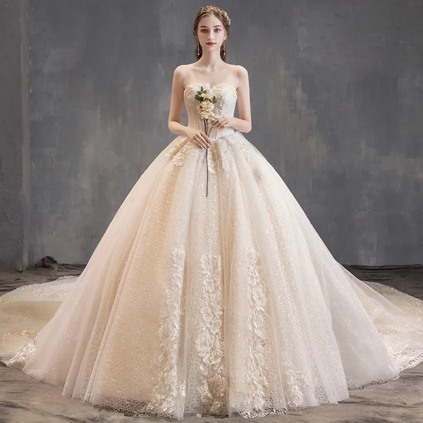 Charming Champagne Wedding Dresses 2019 Ball Gown Strapless Beading Lace Flower Short Sleeve Backless Cathedral Train