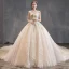 Charming Champagne Wedding Dresses 2019 Ball Gown Strapless Beading Lace Flower Short Sleeve Backless Cathedral Train