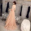 Élégant Champagne Robe De Soirée 2019 Princesse Col Haut Perlage Perle En Dentelle Fleur 1/2 Manches Dos Nu Train De Balayage Robe De Ceremonie