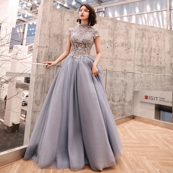 Elegant Pool Blue Evening Dresses 2019 A-Line / Princess High Neck Sequins Lace Flower Short Sleeve Backless Floor-Length / Long Formal Dresses