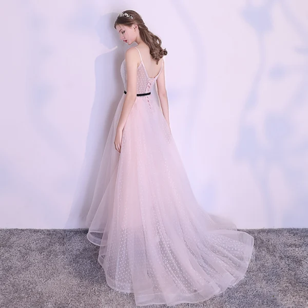 Élégant Rougissant Rose Robe De Soirée 2018 Princesse Tachetée Ceinture Bretelles Spaghetti Dos Nu Sans Manches Longue Robe De Ceremonie