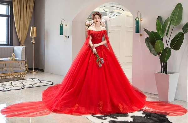 Chic / Beautiful Red Wedding Dresses 2019 A-Line / Princess Off-The-Shoulder Beading Pearl Appliques Lace Flower Sequins Short Sleeve Backless Cathedral Train
