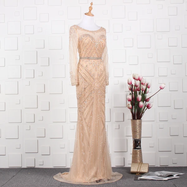 Luxury / Gorgeous Gold Handmade  Beading Evening Dresses  2019 Trumpet / Mermaid Scoop Neck Crystal Rhinestone Long Sleeve Sweep Train Formal Dresses