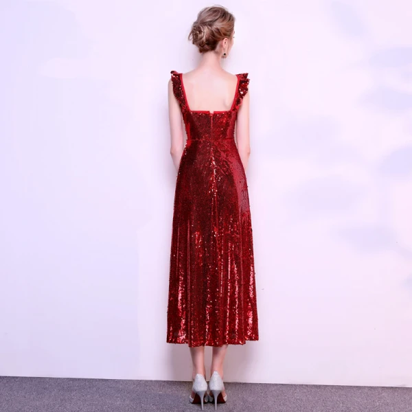 Chic / Belle Bordeaux de retour Robe De Graduation 2019 Princesse Encolure Carrée Paillettes Sans Manches Dos Nu Longueur Cheville Robe De Ceremonie