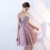 Sexy Blushing Pink Cocktail Dresses 2019 A-Line / Princess Strapless Appliques Pearl Crystal Lace Flower Sleeveless Backless Short Formal Dresses