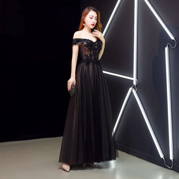 Charming Black Evening Dresses 2019 A-Line / Princess Off-The-Shoulder Crystal Lace Flower Short Sleeve Backless Floor-Length / Long Formal Dresses