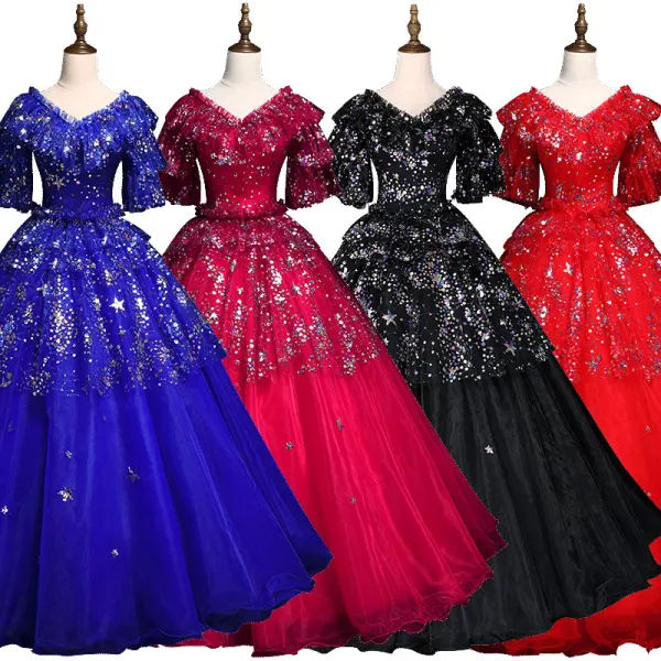 Sparkly Black Prom Dresses 2019 A-Line / Princess V-Neck Star Sequins Lace Flower 1/2 Sleeves Floor-Length / Long Formal Dresses