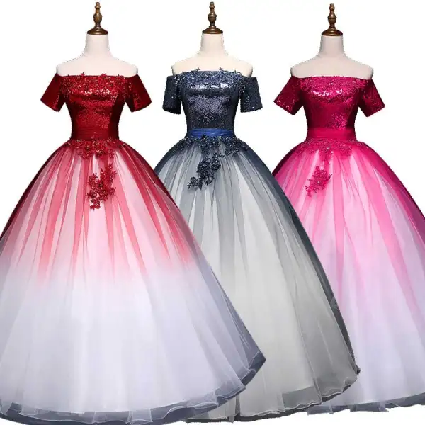 Chic / Beautiful Fuchsia Prom Dresses 2019 Ball Gown Off-The-Shoulder Beading Pearl Crystal Lace Flower Sequins Short Sleeve Backless Floor-Length / Long Formal Dresses