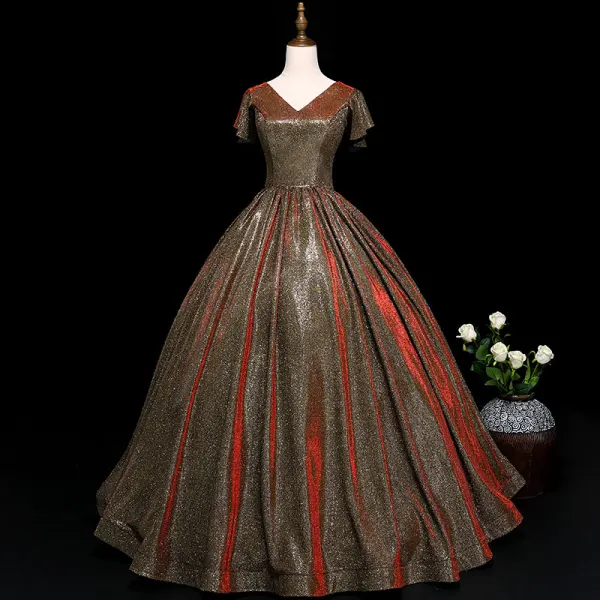 Vintage / Retro Silver Prom Dresses 2019 A-Line / Princess V-Neck Sequins Short Sleeve Backless Floor-Length / Long Formal Dresses