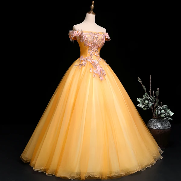 Chic / Beautiful Gold Prom Dresses 2019 A-Line / Princess Off-The-Shoulder Pearl Rhinestone Lace Flower Short Sleeve Backless Floor-Length / Long Formal Dresses