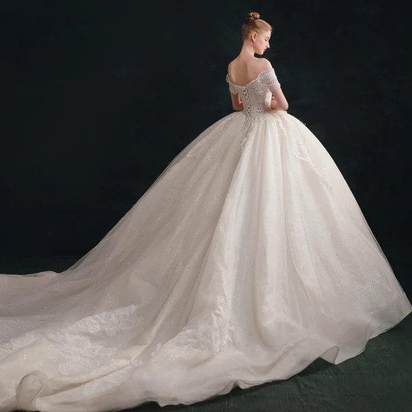 Luxury / Gorgeous Ivory Wedding Dresses 2021 Ball Gown Off-The-Shoulder Beading Lace Flower Short Sleeve Backless Royal Train Wedding