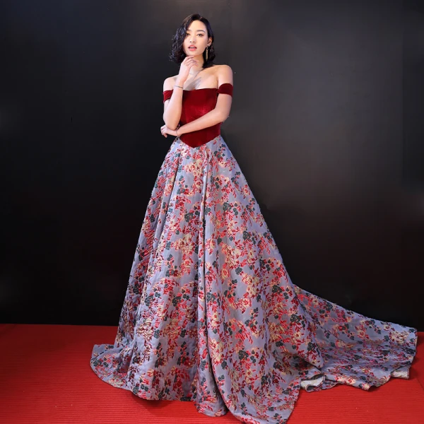 Chic / Belle Bordeaux Robe De Soirée 2018 Princesse Daim Impression De l'épaule Dos Nu Sans Manches Tribunal Train Robe De Ceremonie