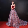 Chic / Beautiful Burgundy Evening Dresses  2018 A-Line / Princess Suede Printing Off-The-Shoulder Backless Sleeveless Court Train Formal Dresses