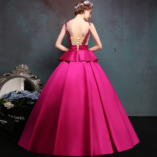 Chic / Beautiful Fuchsia Prom Dresses 2019 A-Line / Princess V-Neck Lace Flower Bow Sequins Sleeveless Backless Floor-Length / Long Formal Dresses