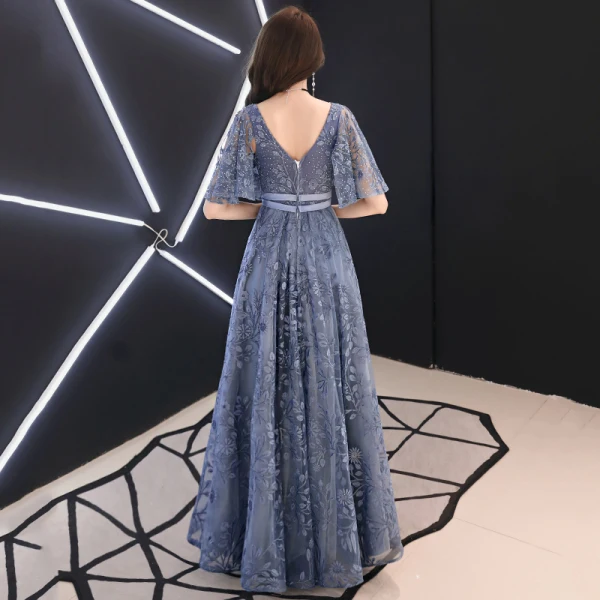 Elegant Pool Blue Evening Dresses  2019 A-Line / Princess V-Neck Rhinestone Lace Flower Sash Short Sleeve Backless Floor-Length / Long Formal Dresses