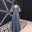 Elegant Pool Blue Evening Dresses  2019 A-Line / Princess V-Neck Rhinestone Lace Flower Sash Short Sleeve Backless Floor-Length / Long Formal Dresses