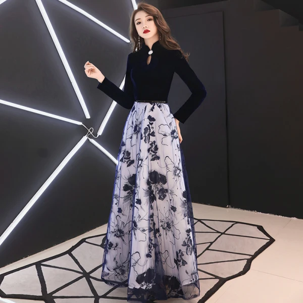Elegant Navy Blue Evening Dresses 2019 A-Line / Princess High Neck Suede Rhinestone Long Sleeve Floor-Length / Long Formal Dresses