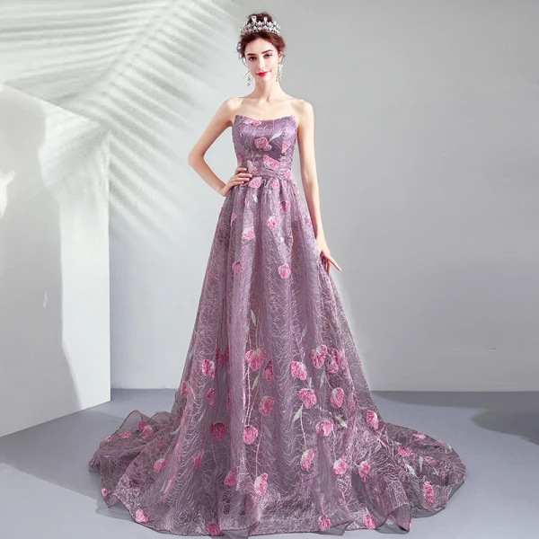 Chic / Beautiful Purple Prom Dresses 2019 A-Line / Princess Strapless Lace Flower Sleeveless Backless Sweep Train Formal Dresses
