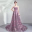 Chic / Beautiful Purple Prom Dresses 2019 A-Line / Princess Strapless Lace Flower Sleeveless Backless Sweep Train Formal Dresses