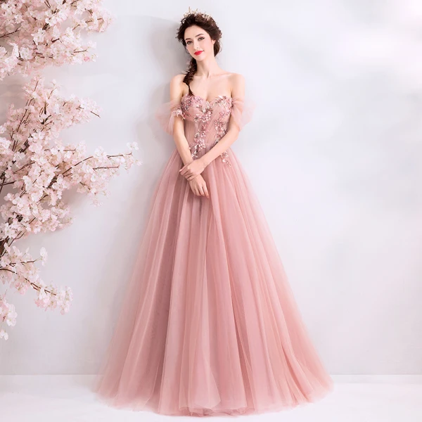 Flotte Lyserød Gallakjoler 2019 Prinsesse Off-The-Shoulder Perle Rhinestone Med Blonder Blomsten Ærmeløs Halterneck Lange Kjoler