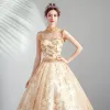 Elegant Gold Prom Dresses 2019 A-Line / Princess High Neck Beading Sequins Lace Flower Sleeveless Backless Floor-Length / Long Formal Dresses