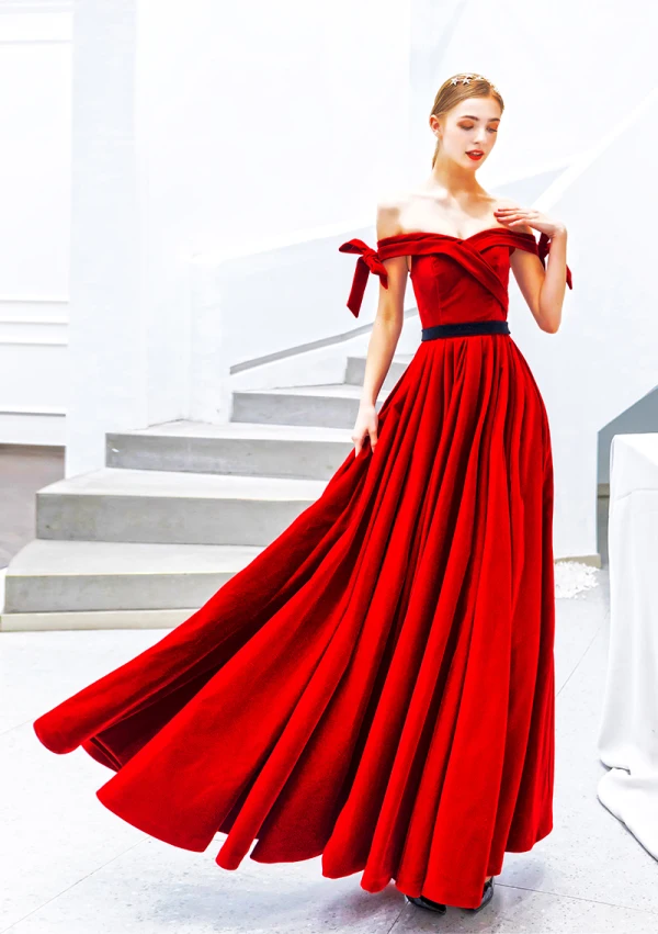 Schöne Einfarbig Rot Abendkleider 2019 A Linie Off Shoulder Wildleder Schleife Ärmellos Rückenfreies Lange Festliche Kleider