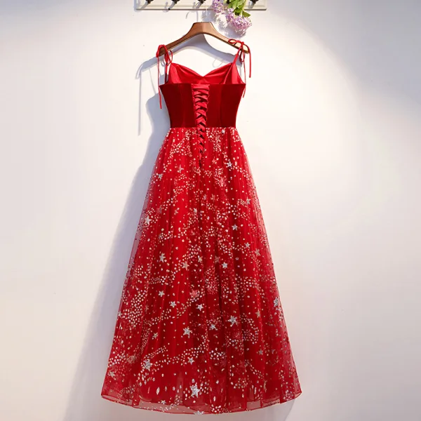 Modern / Fashion Burgundy Evening Dresses  2019 A-Line / Princess Spaghetti Straps Suede Star Sequins Sleeveless Backless Floor-Length / Long Formal Dresses