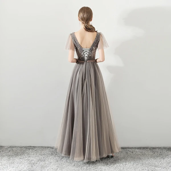 Modern / Fashion Champagne Black Evening Dresses 2018 A-Line / Princess Beading Sequins Lace Embroidered V-Neck Backless Short Sleeve Floor-Length / Long Formal Dresses