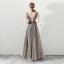 Modern / Fashion Champagne Black Evening Dresses  2018 A-Line / Princess Beading Sequins Lace Embroidered V-Neck Backless Short Sleeve Floor-Length / Long Formal Dresses