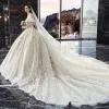 Classy Ivory Wedding Dresses 2019 Ball Gown Off-The-Shoulder Beading Sequins Lace Flower Short Sleeve Backless Cathedral Train
