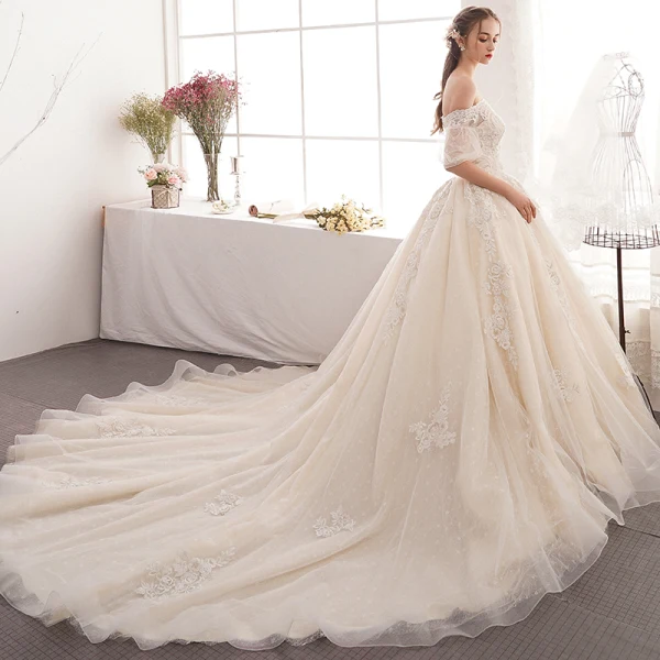 Charming Champagne Wedding Dresses 2019 A-Line / Princess Off-The-Shoulder Beading Pearl Lace Flower Short Sleeve Backless Cathedral Train