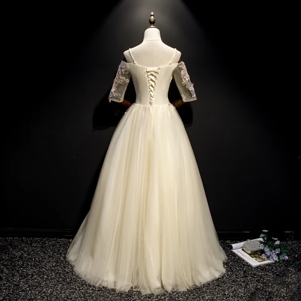 Elegant Champagne Prom Dresses 2019 A-Line / Princess Spaghetti Straps Pearl Lace Flower Appliques 1/2 Sleeves Backless Floor-Length / Long Formal Dresses