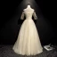 Elegant Champagne Prom Dresses 2019 A-Line / Princess Spaghetti Straps Pearl Lace Flower Appliques 1/2 Sleeves Backless Floor-Length / Long Formal Dresses