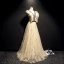 Élégant Champagne Robe De Bal 2019 Princesse Encolure Dégagée Volants En Dentelle Fleur Étoile Noeud Sans Manches Dos Nu Longue Robe De Ceremonie