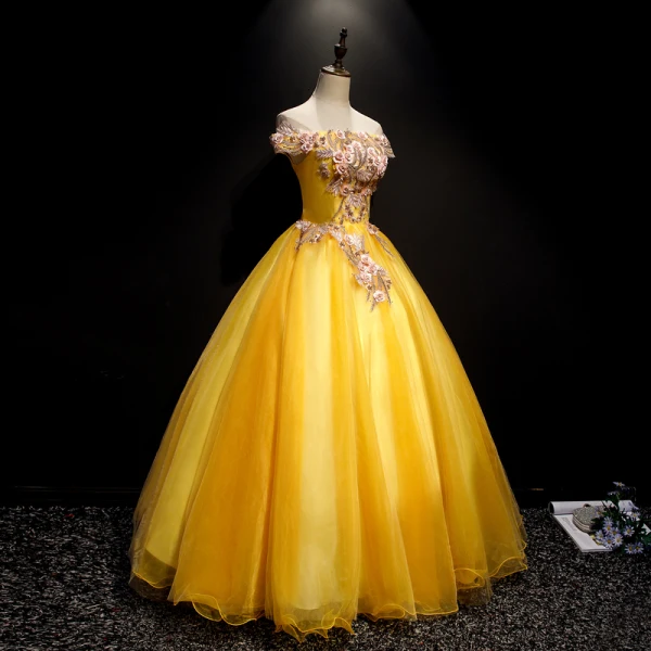 Flower Fairy Yellow Prom Dresses 2019 A-Line / Princess Off-The-Shoulder Appliques Lace Flower Pearl Short Sleeve Backless Floor-Length / Long Formal Dresses
