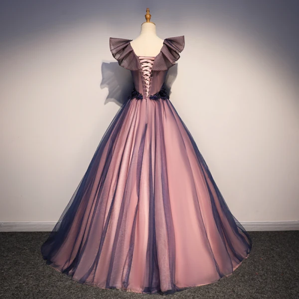 Élégant Violet Robe De Bal 2019 Princesse Encolure Carrée Perle Appliques En Dentelle Fleur Sans Manches Dos Nu Longue Robe De Ceremonie