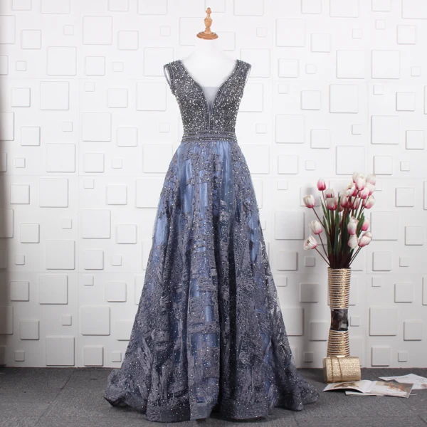 Luxury / Gorgeous Ocean Blue Handmade Beading Evening Dresses 2019 A-Line / Princess V-Neck Crystal Lace Flower Sleeveless Backless Floor-Length / Long Formal Dresses