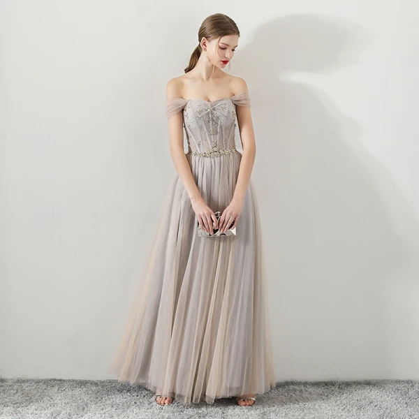 Élégant Champagne Robe De Soirée 2018 Princesse Perlage Cristal De l'épaule Dos Nu Sans Manches Longue Robe De Ceremonie