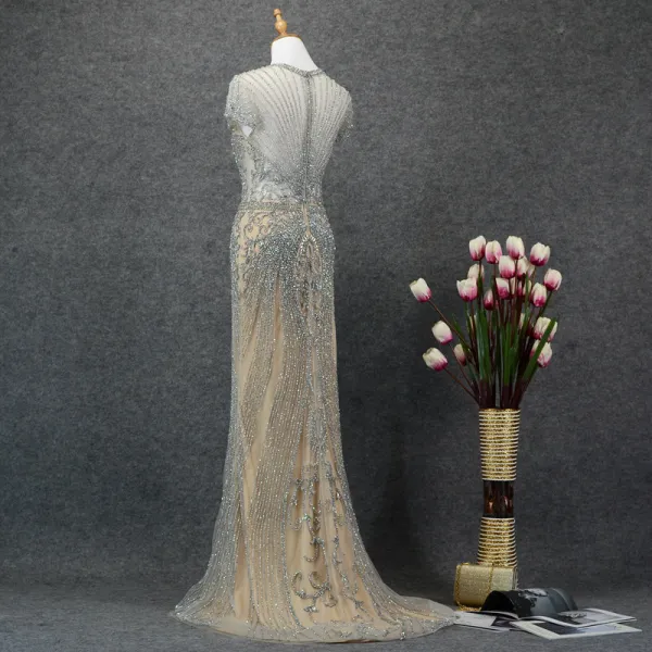 Luxury / Gorgeous Silver Evening Dresses  2019 Trumpet / Mermaid Scoop Neck Handmade  Beading Crystal Short Sleeve Sweep Train Formal Dresses