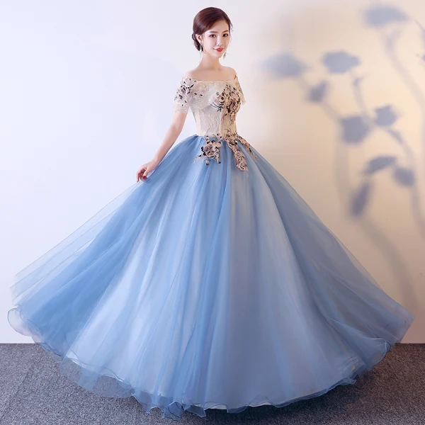 Elegant Dark Green Prom Dresses 2019 Ball Gown Off-The-Shoulder Appliques Lace Short Sleeve Backless Floor-Length / Long Formal Dresses