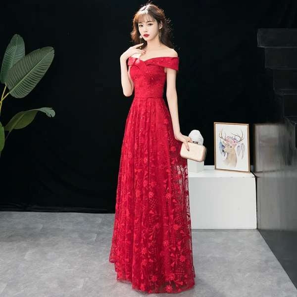 Modern / Fashion Burgundy Evening Dresses 2019 A-Line / Princess Off-The-Shoulder Sequins Lace Flower Short Sleeve Backless Floor-Length / Long Formal Dresses